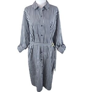 Gingham Midi Shirt Dress Large Navy White Flip Cuff 100% Cotton Country Cottage